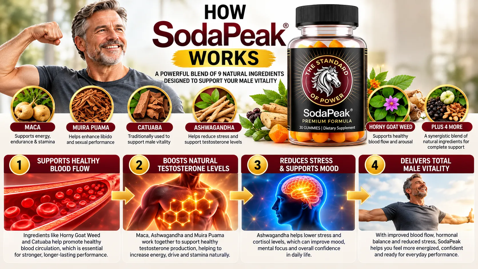 How SodaPeak works: the vendor graphic names maca, muira puama, catuaba, ashwagandha and horny goat weed and describes four steps